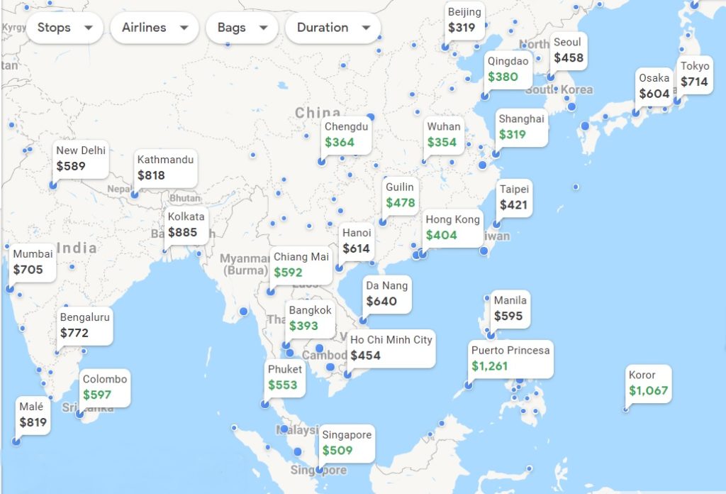 a map of countries/regions with price tags