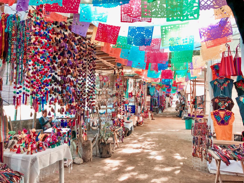 a market with colorful decorations