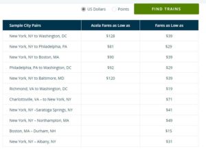 a screenshot of a list of trains