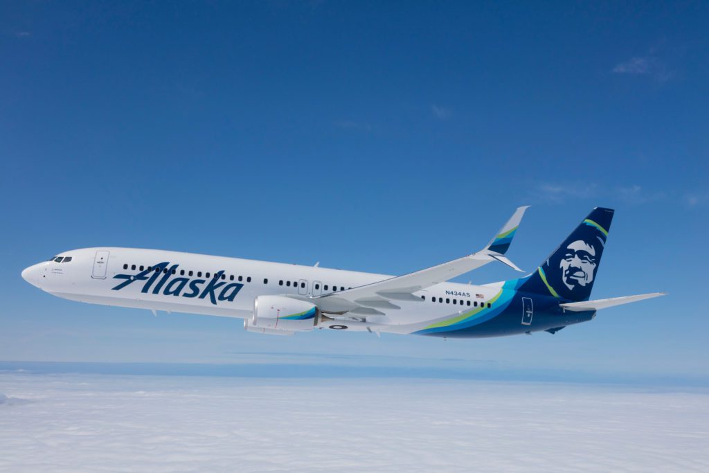 An Alaska Airlines plane in flight