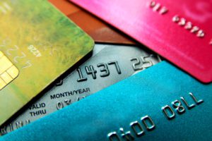 A number of credit cards are fanned out.