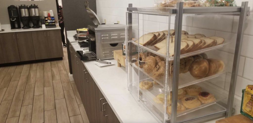 a bread and pastries on a counter
