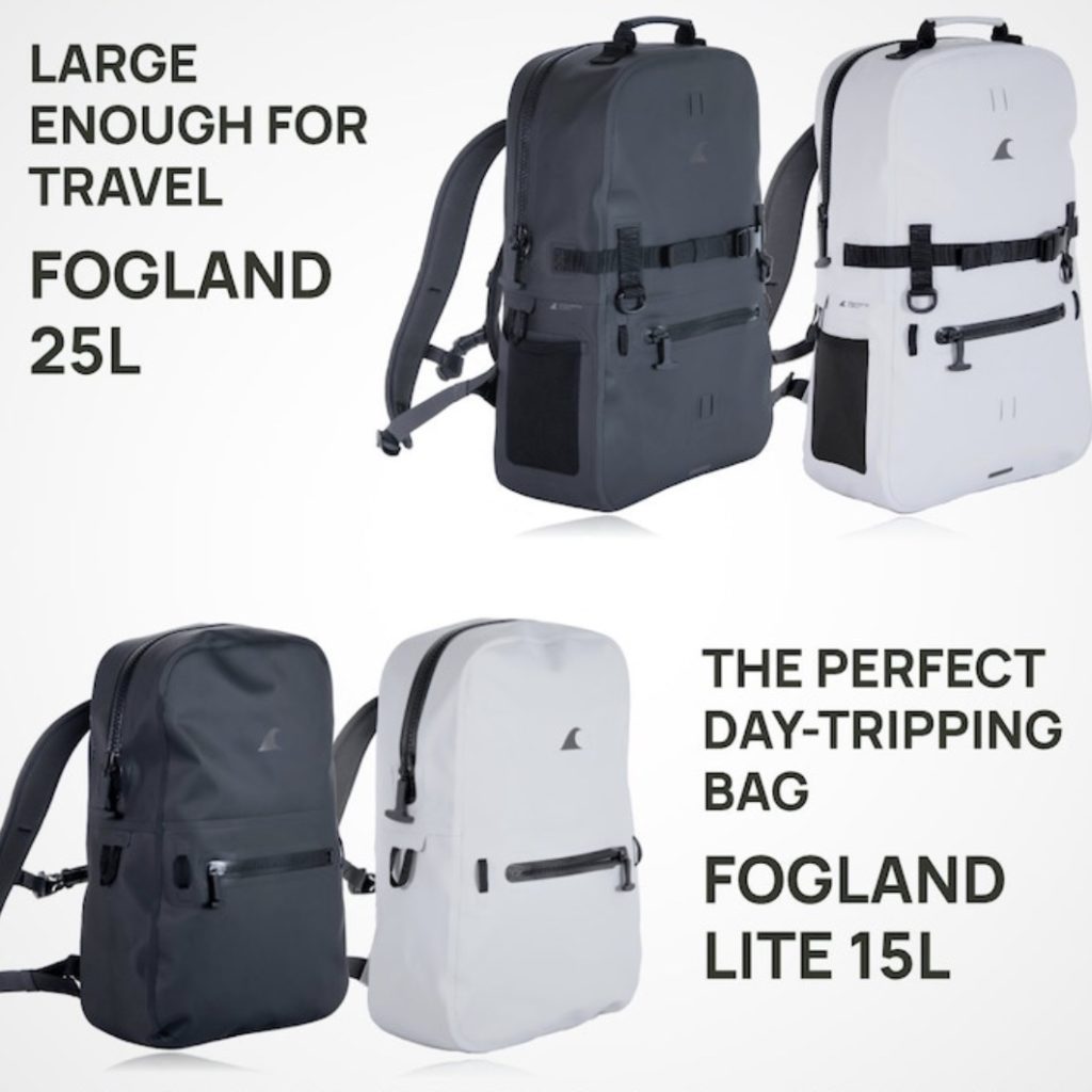 a group of backpacks with text