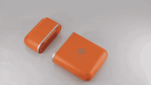 an orange case with a silver logo