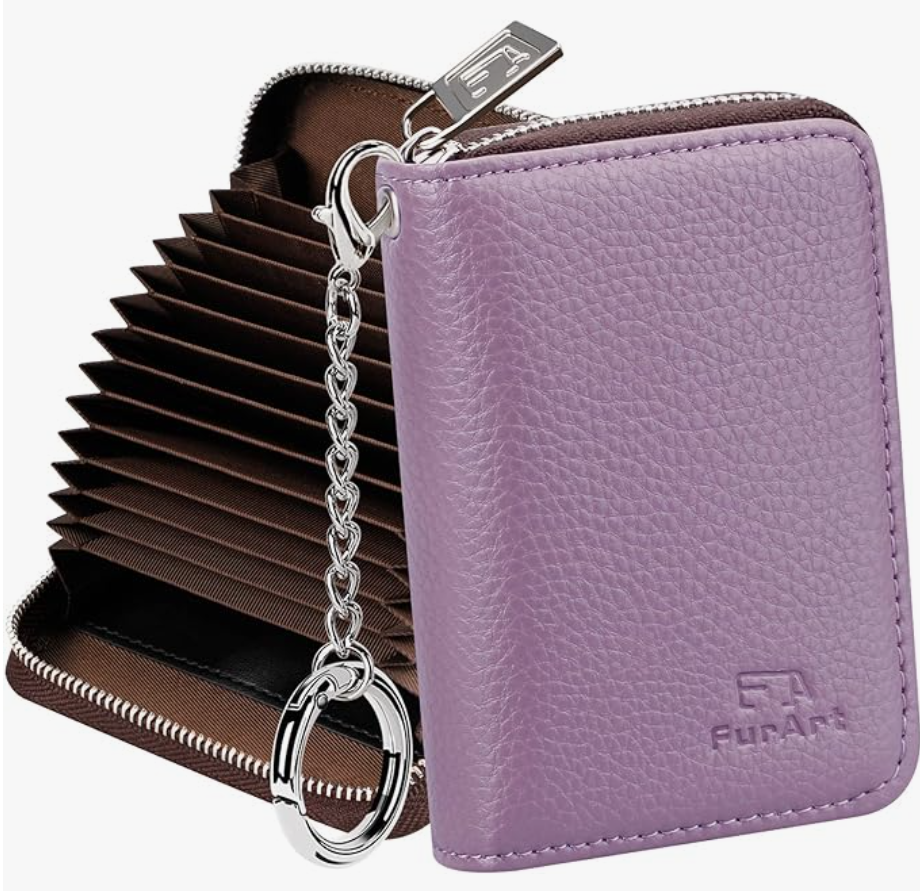 a purple wallet with a chain