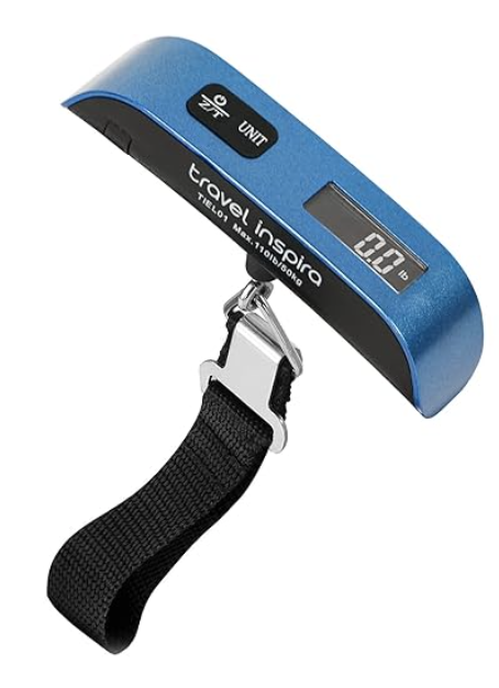 a blue electronic scale with a strap