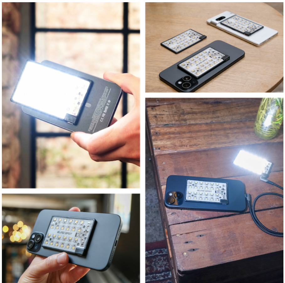 a collage of a cell phone with a light
