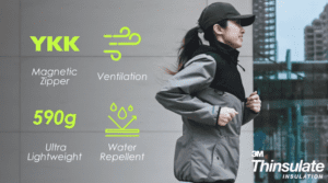a woman running in front of a building