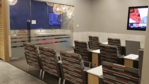 a room with chairs and tables