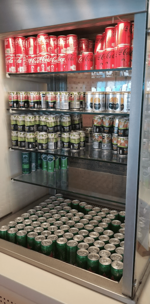 a shelf of canned food