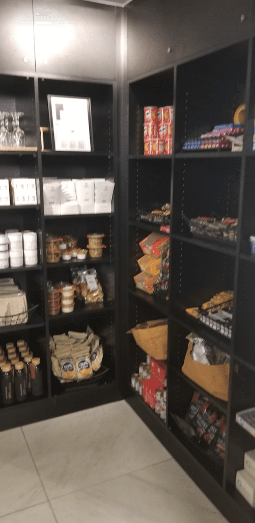 shelves with food items on it