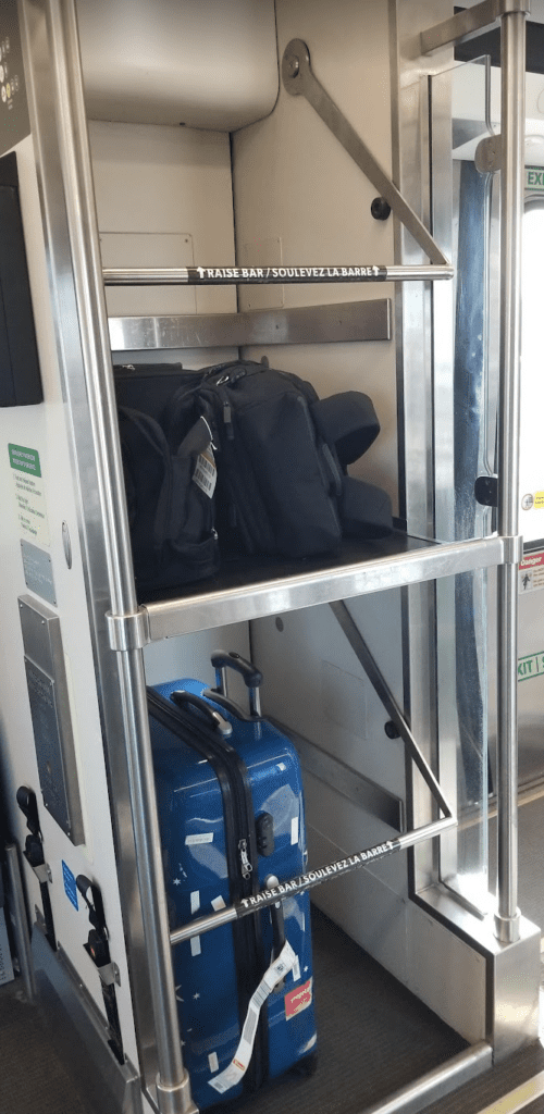 luggage on a shelf in a room