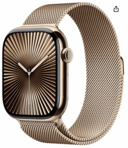 a smart watch with a gold band
