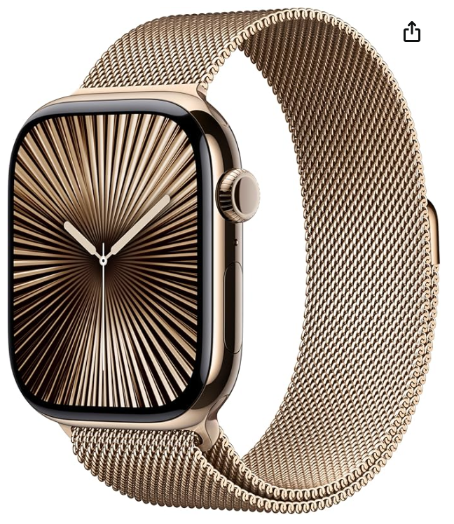 a smart watch with a gold band