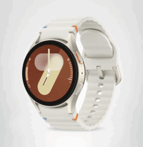 a white watch with a black circle and orange circle on it