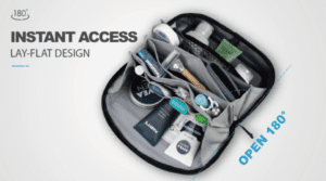 a bag with a variety of items inside