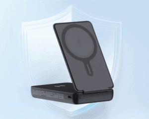 a black device with a logo on it