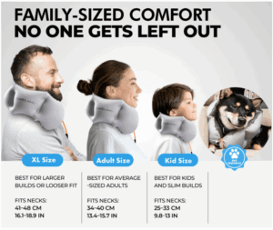 a group of people with neck pillow