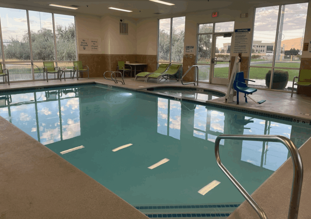a swimming pool inside a building