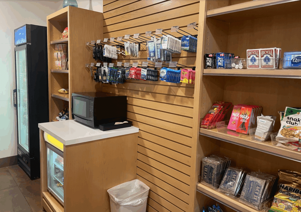 a store with shelves and a microwave