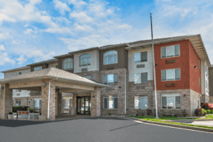 a building with a parking lot