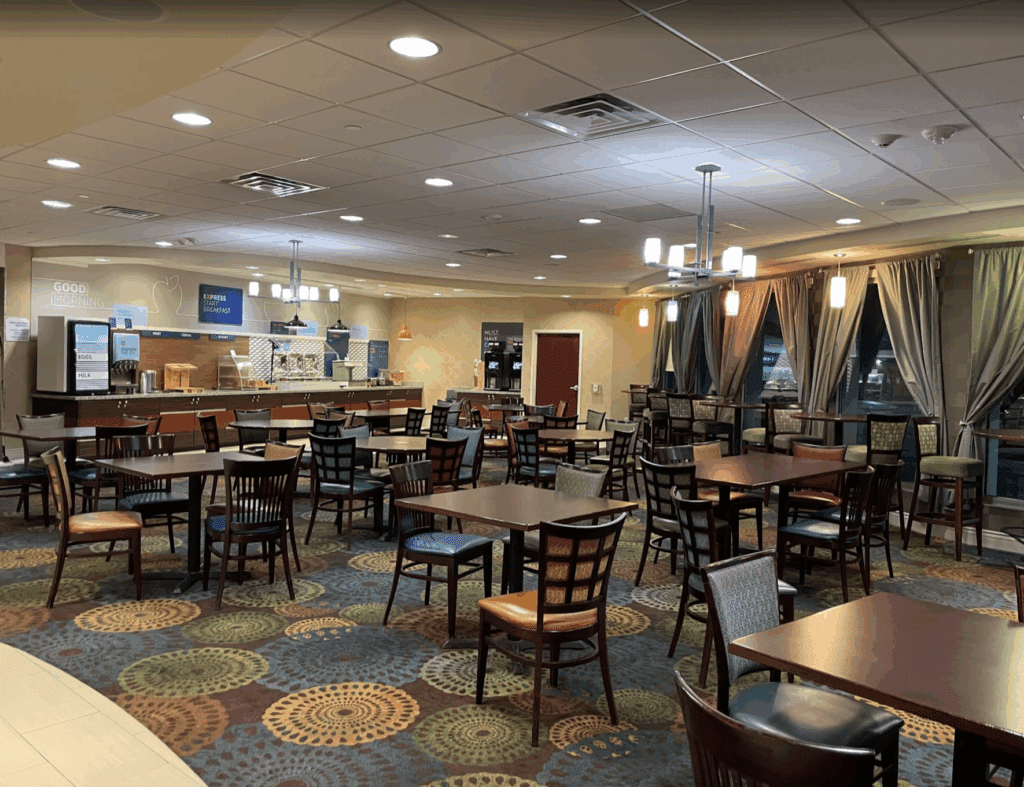 a room with tables and chairs