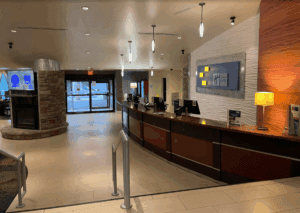 a reception desk in a hotel