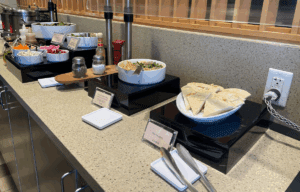 a buffet table with food on it