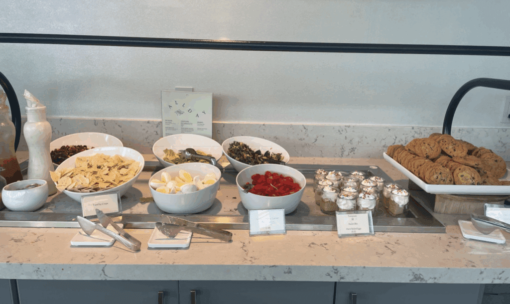 a buffet table with food on it
