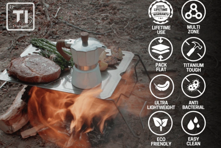 a campfire with a kettle and food on it
