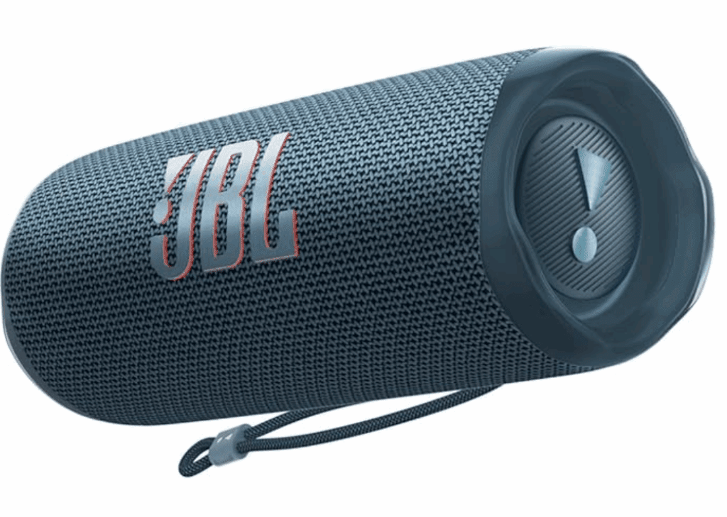 a blue speaker with a logo on it