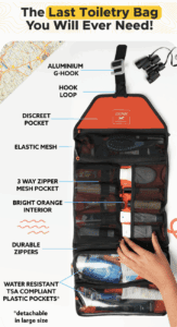 a bag with different items on it