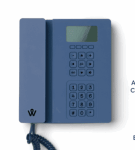 a blue telephone with a cord
