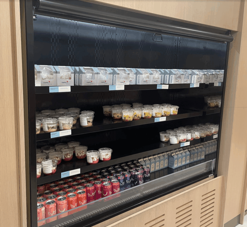 a display case with different kinds of food on it