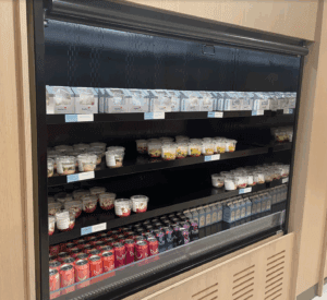 a display case with different kinds of food on it