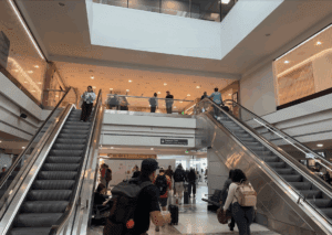 people walking up an escalator in a building
