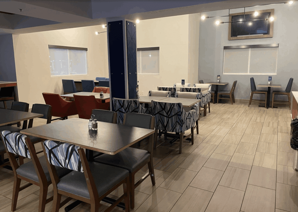 a room with tables and chairs