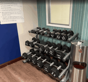 a rack of dumbbells in a room