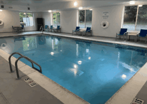 a swimming pool inside a building