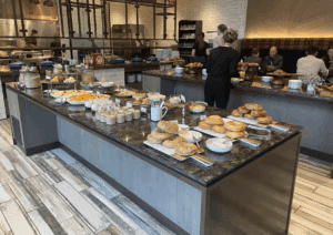 a buffet table with food on it