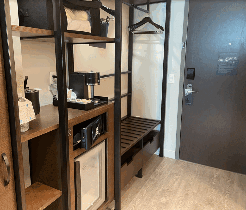 a room with a closet and a door