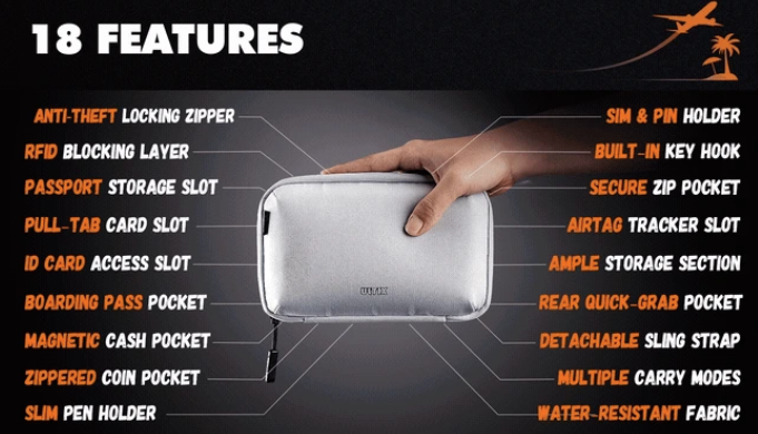 a hand holding a silver pouch