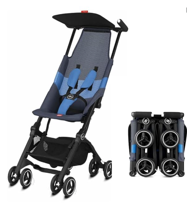 a blue and black stroller