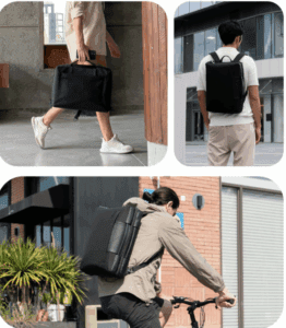 a collage of a man carrying a bag