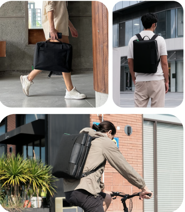 a collage of a man carrying a bag