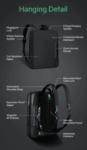 a black backpack with white text