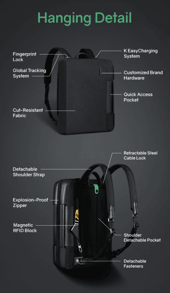 a black backpack with white text