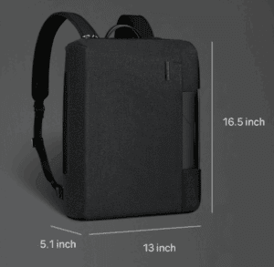 a black backpack with measurements