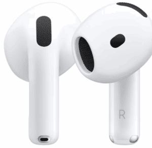 a pair of white earbuds