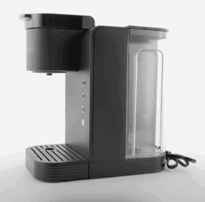 a black coffee maker with a plastic container